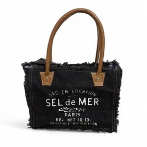 NWT Black canvas tote bag with brown leather handles, frayed edges and zipper